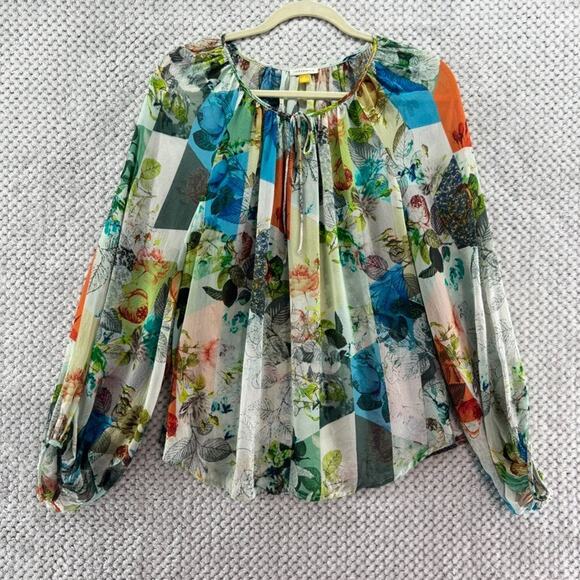 LEIFSDOTTIR Top Women 4 Green Silk Floral Catappa Blouse Crew Neck Ballon Sleeve - Picture 2 of 16